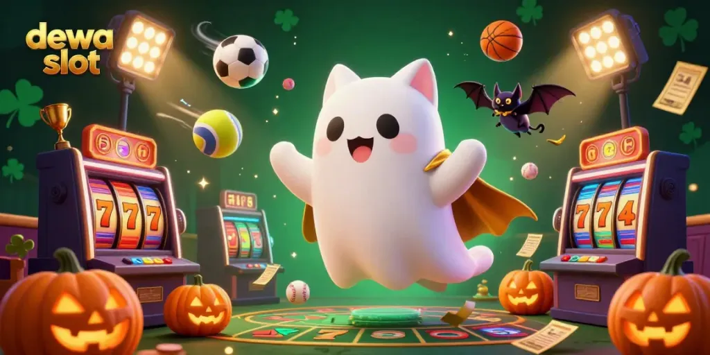 Explore the vibrant world of dewa slot with a friendly ghost cat in a haunted casino scene.