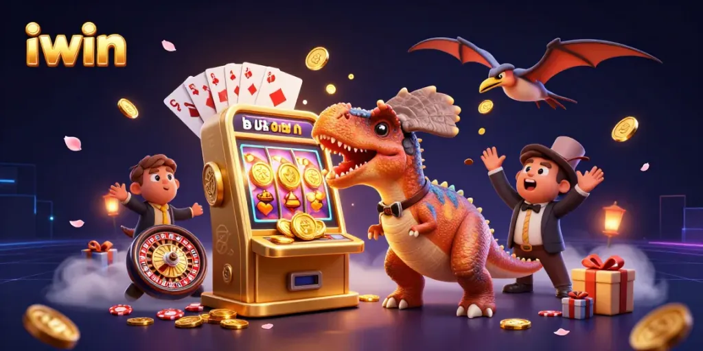 iwin jackpot scene with characters triggering golden coins payout from a slot machine, showcasing casino excitement.