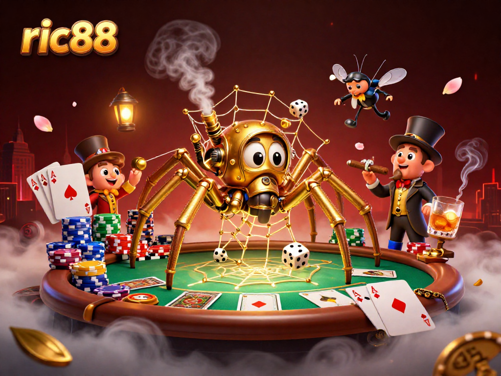 Experience exciting gameplay with ric88's steampunk-inspired 3D illustration featuring vibrant gambling elements.