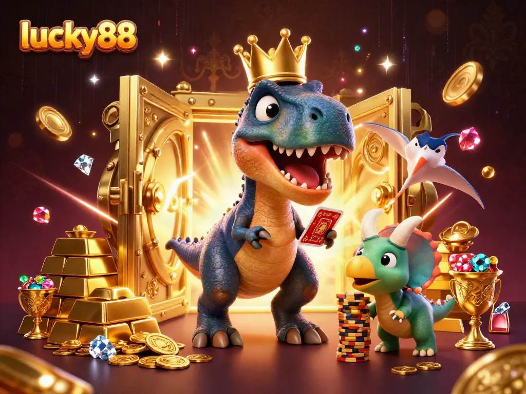 Engage with lucky88, featuring a T-Rex learning card shuffling skills amidst treasure in a vibrant casino.