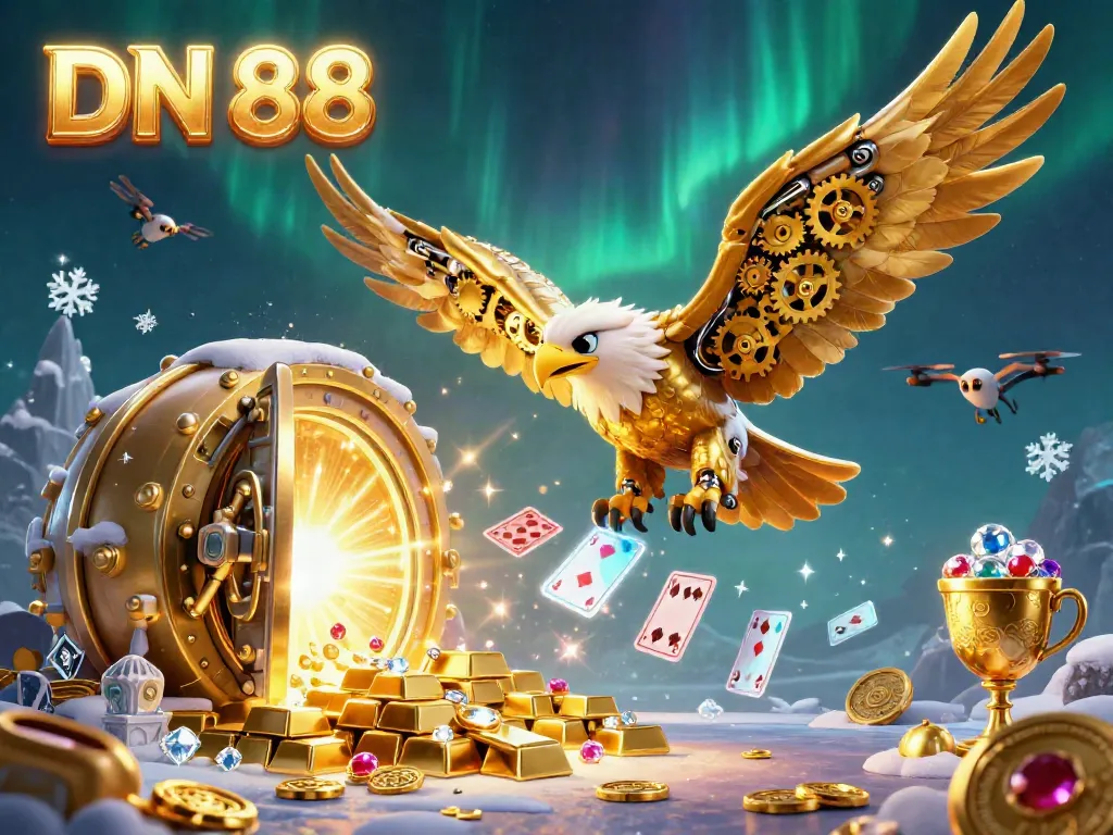 Engage in thrilling gameplay at DN 88, featuring a cybernetic eagle and treasure vault lights.