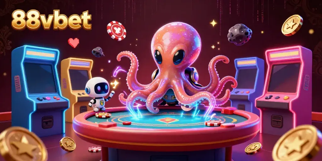 Experience thrilling gaming with 88vbet in an ultra-detailed 3D illustration featuring an alien octopus at a poker table.