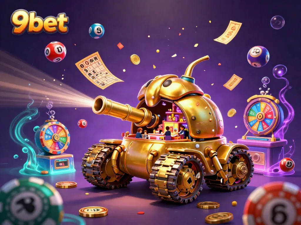 Experience the excitement of 9bet's vibrant casino scene with dynamic elements and a golden beetle tank.
