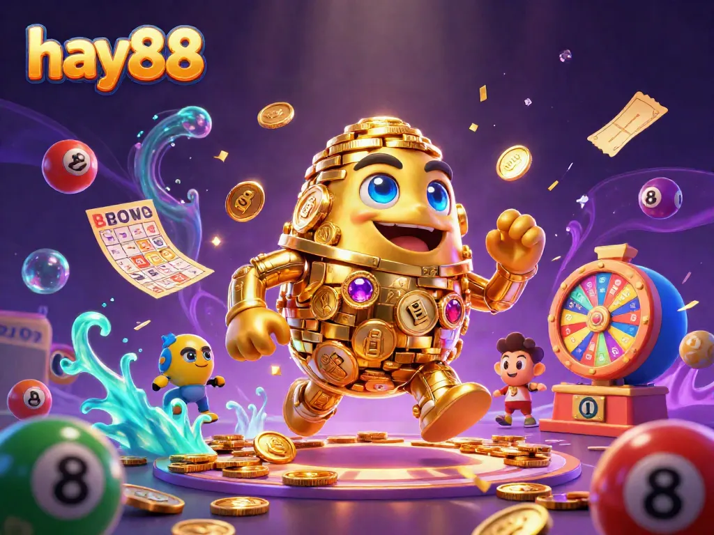 Experience the excitement of hay88 with a vibrant 3D golem made of coins amidst dynamic lottery and gaming elements.