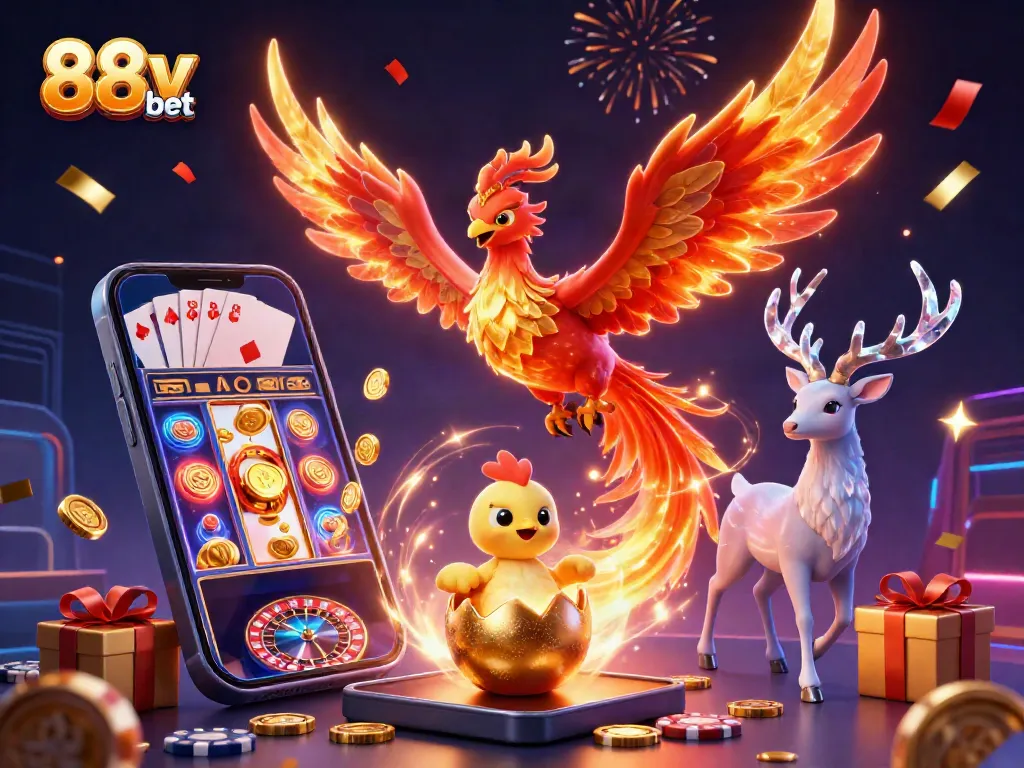 Experience the thrill of 88v bet with a vibrant 3D phoenix scene filled with casino elements.