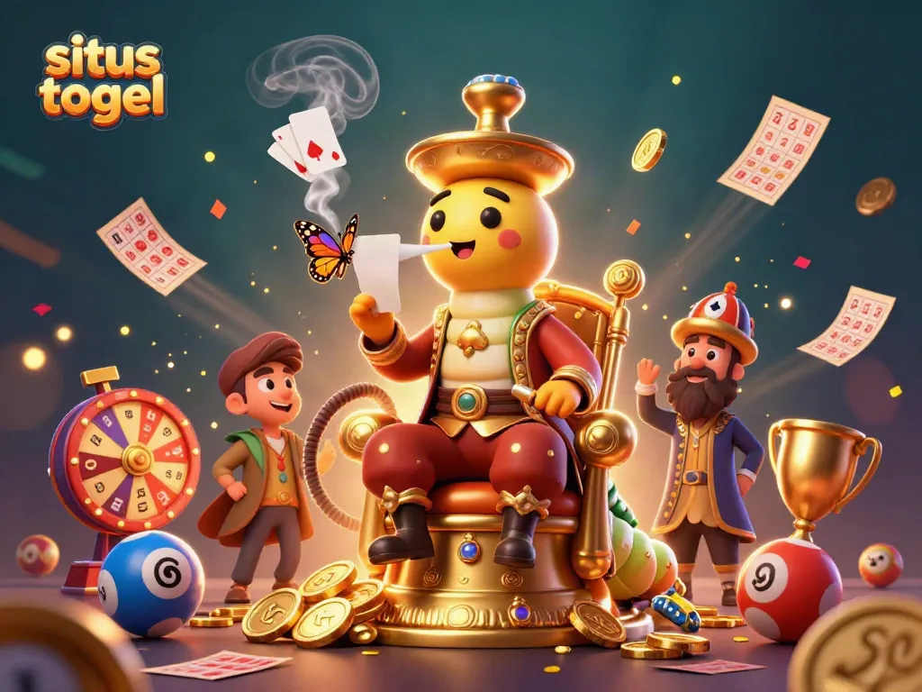 Engage in exciting lottery games with situs togel featuring a vibrant 3D illustration of a hookah-master and extravagant casino elements.