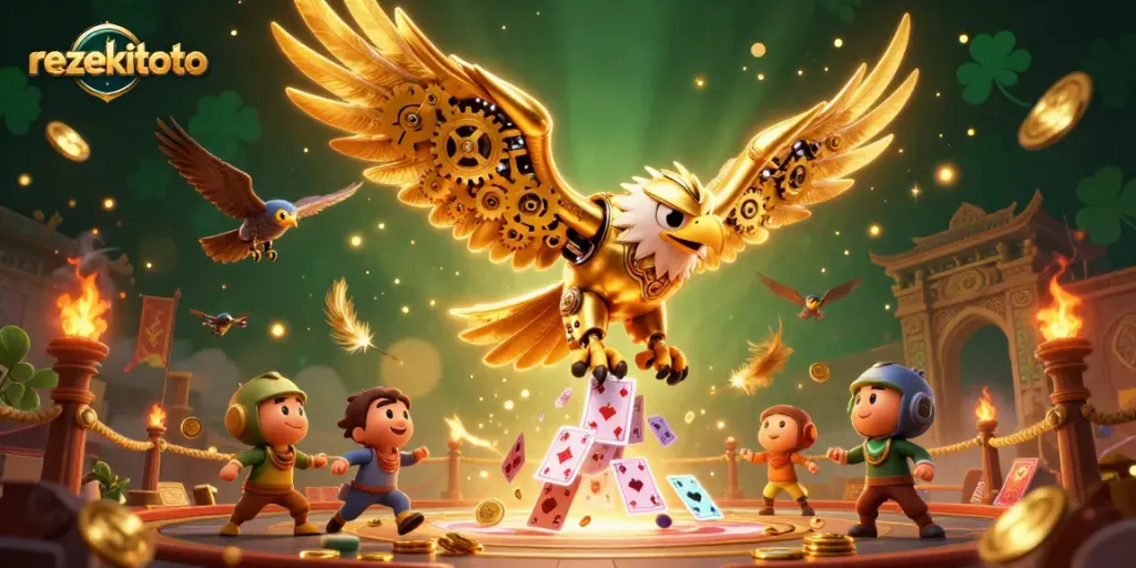Experience thrilling gameplay with rezekitoto in this dynamic casino adventure illustration featuring a cybernetic eagle.