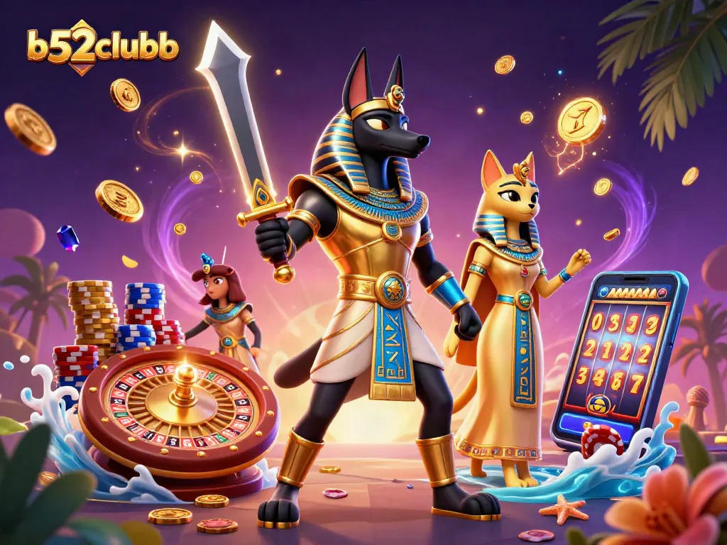 Bet on excitement with b52clubb: an illustration capturing casino charm and ancient magic.