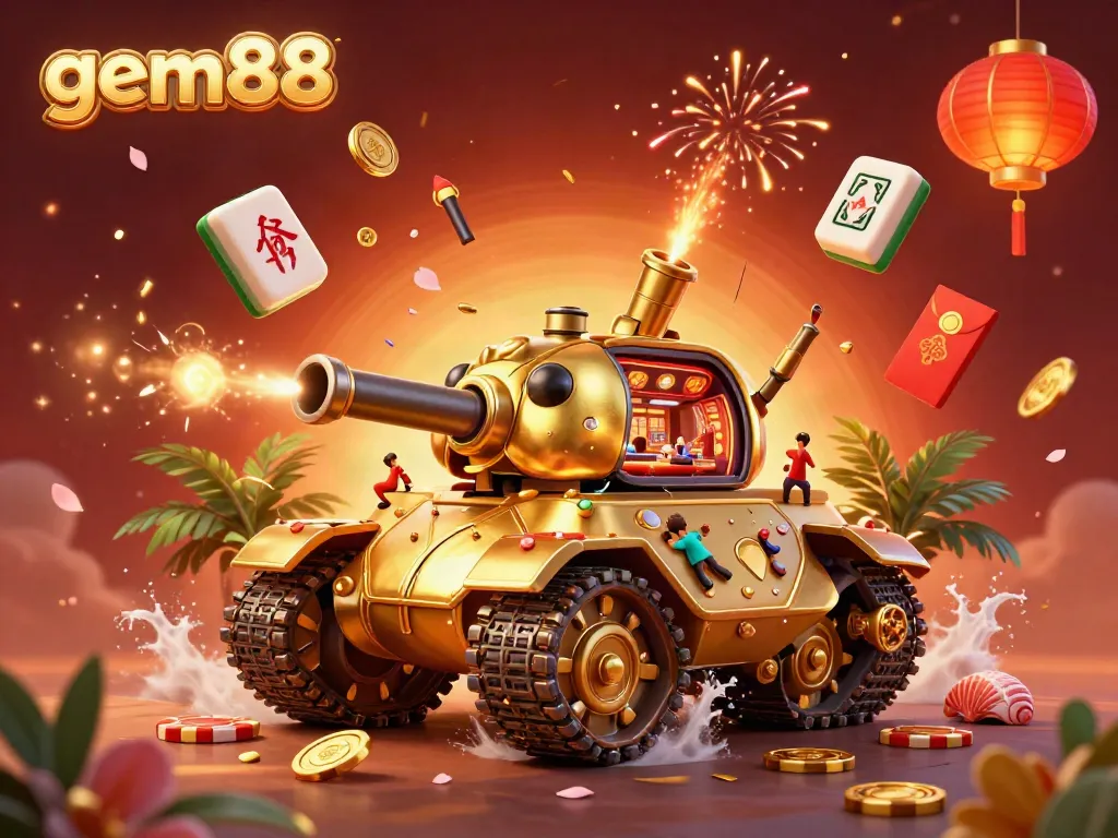 Experience gem88 at this vibrant casino scene with a gold beetle tank and dynamic decorations.