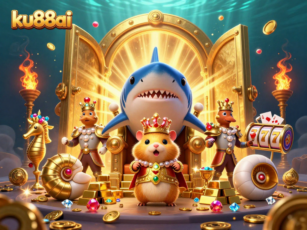 ku88ai presents a dazzling 3D casino illustration featuring a majestic hamster king among treasure and slot icons.
