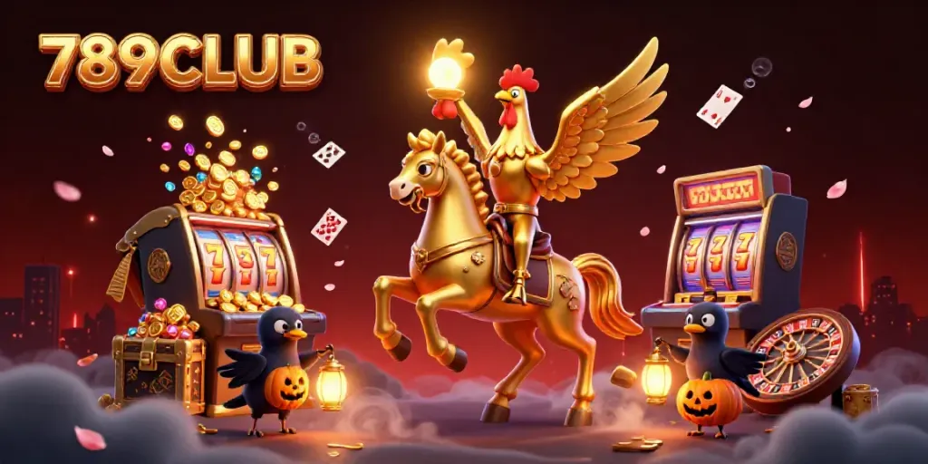 Immerse in the vibrant 789CLUB casino scene with a golden rooster and magical elements.