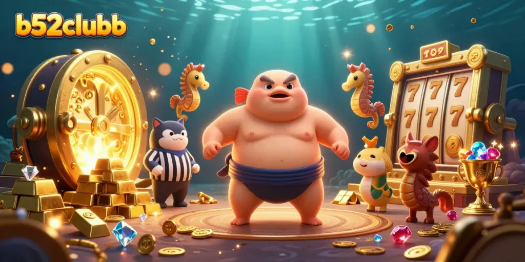 Engage with b52clubb's dynamic gaming scene featuring vibrant underwater characters and exhilarating slot elements.