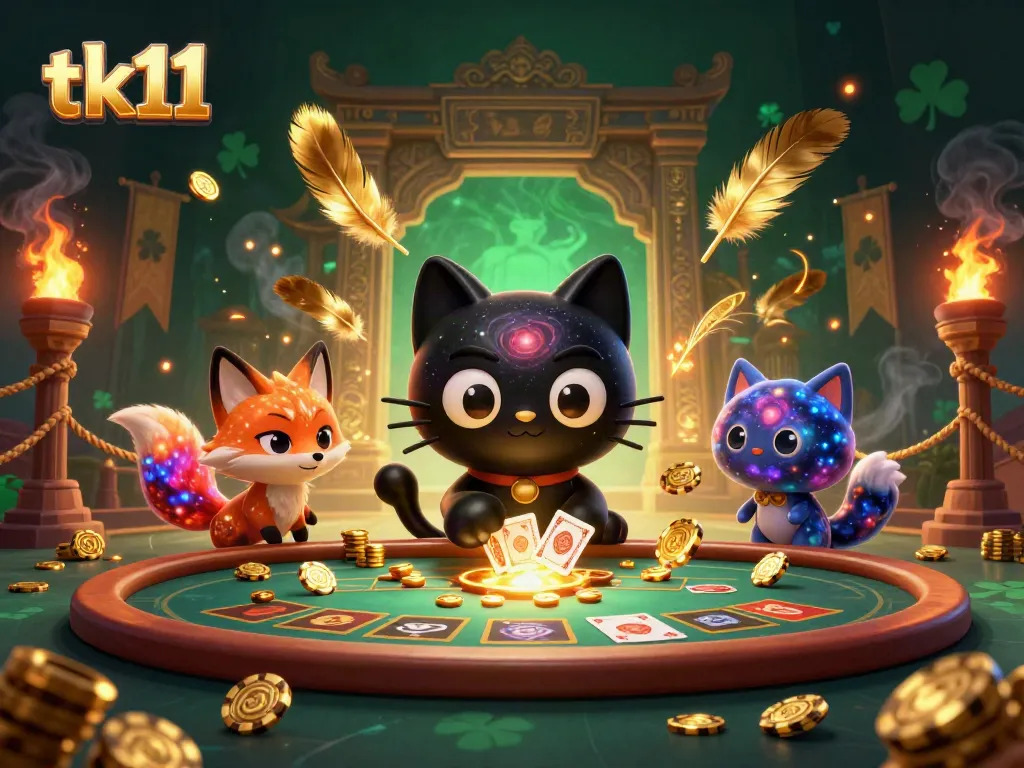 Experience the thrill of tk11 with the cosmic charm of a black hole cat and a nebula fox in an animated casino scene.
