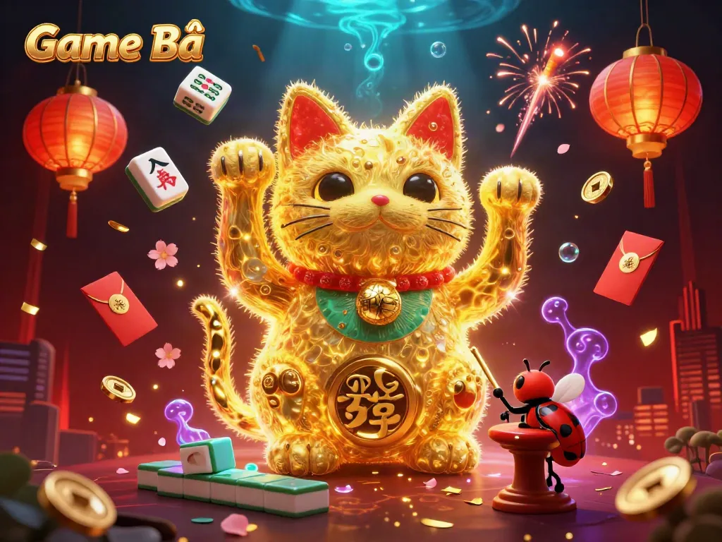 Experience the joy of Game Bài with a vibrant illustration of a lucky cat surrounded by dynamic casino elements.