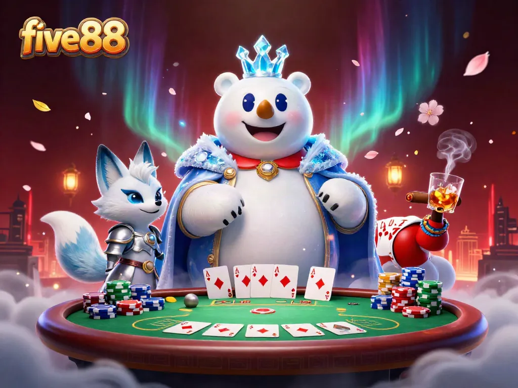 Engage with five88's vibrant casino world, featuring a whimsical ice king polar bear and snow fox in an action-packed poker scene.