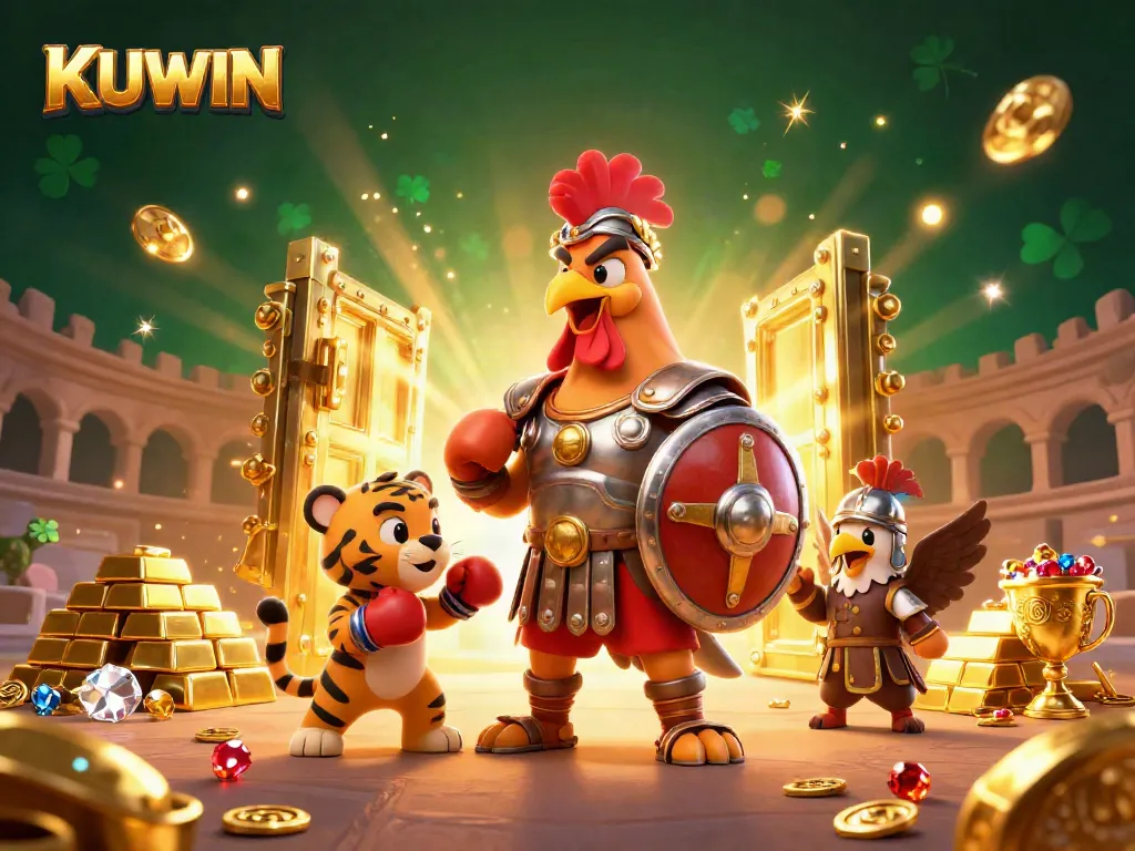 KUWIN features a dynamic 3D gladiator rooster in casino-themed battle, surrounded by treasures.