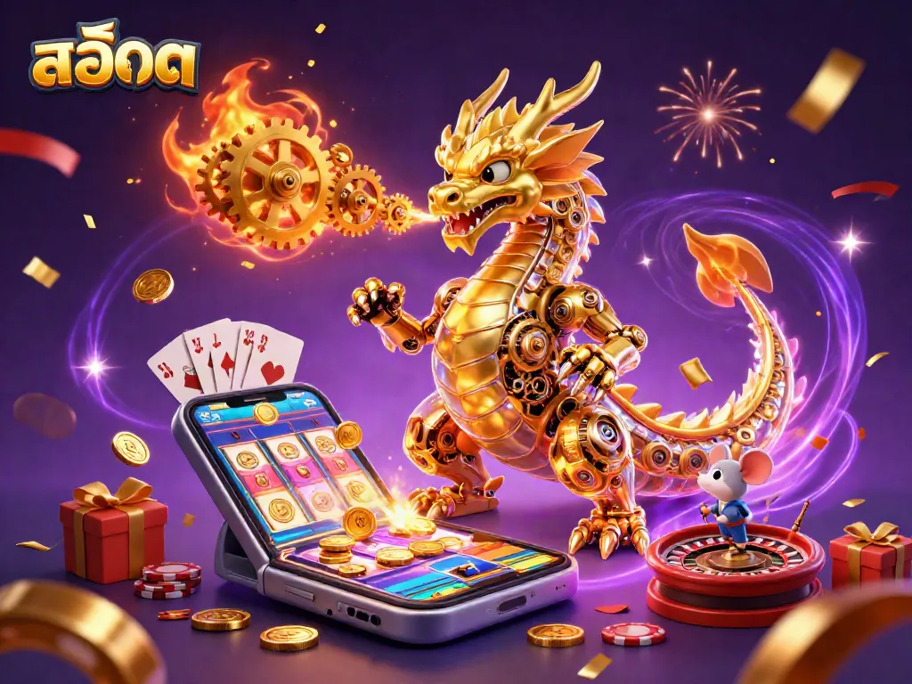 Experience exciting สล็อต gaming with a golden dragon and animated slot game elements.