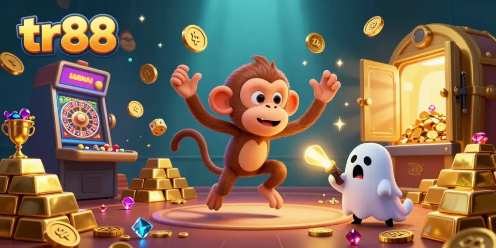 Experience premium thrills at tr88 with a playful monkey juggling gold in an opulent casino setting.