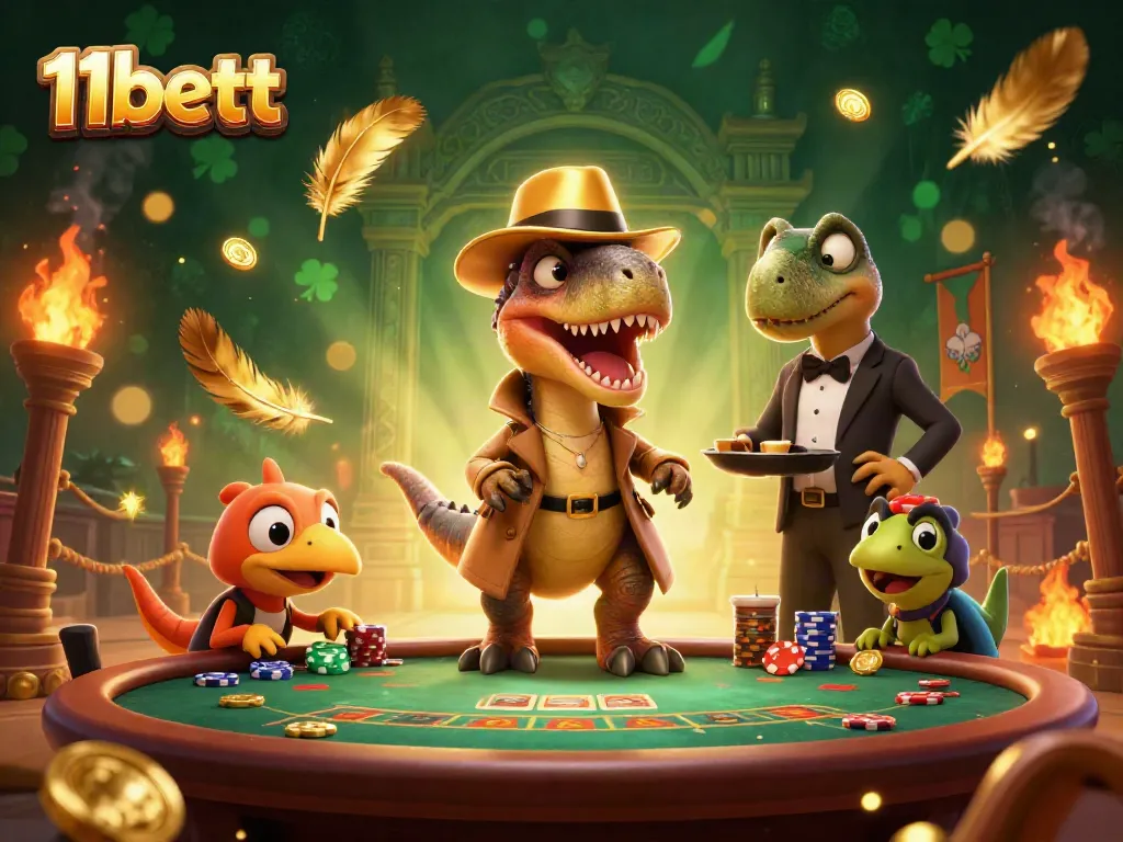 11bett cartoon scene with a velociraptor card counter at a blackjack table surrounded by casino elements.