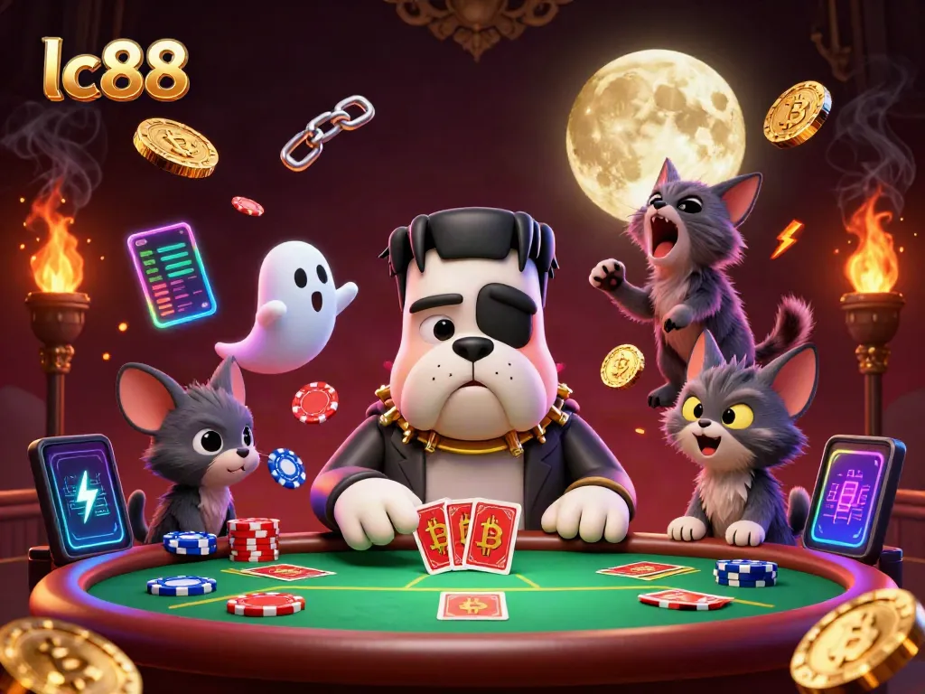Engaging poker scene featuring lc88 with a cartoon bulldog dealing cards, a ghost mouse, and a gold moon.