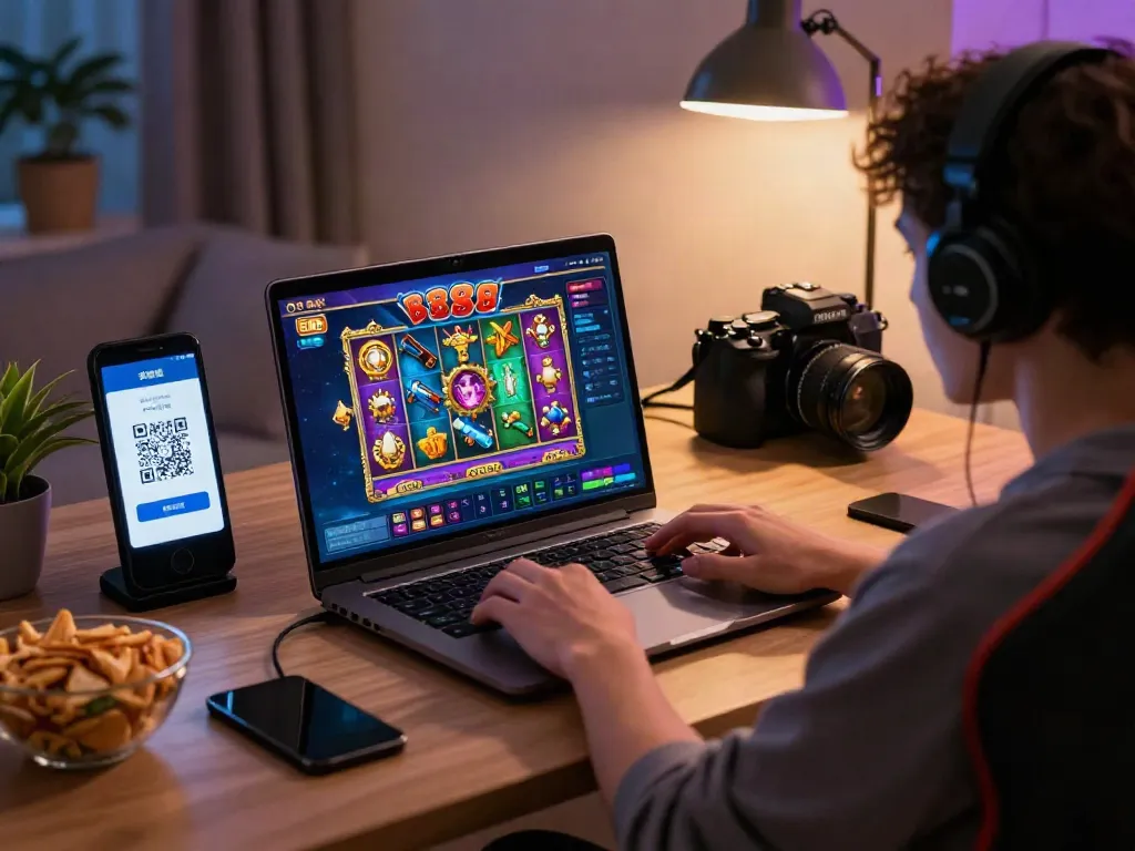 Engaged player enjoying slot88 online gaming with QRIS payment features in cozy living room setting.