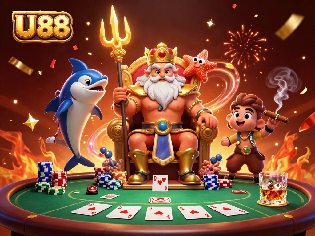 Experience UU88 excitement with Neptune and gaming elements in a vibrant casino scene.