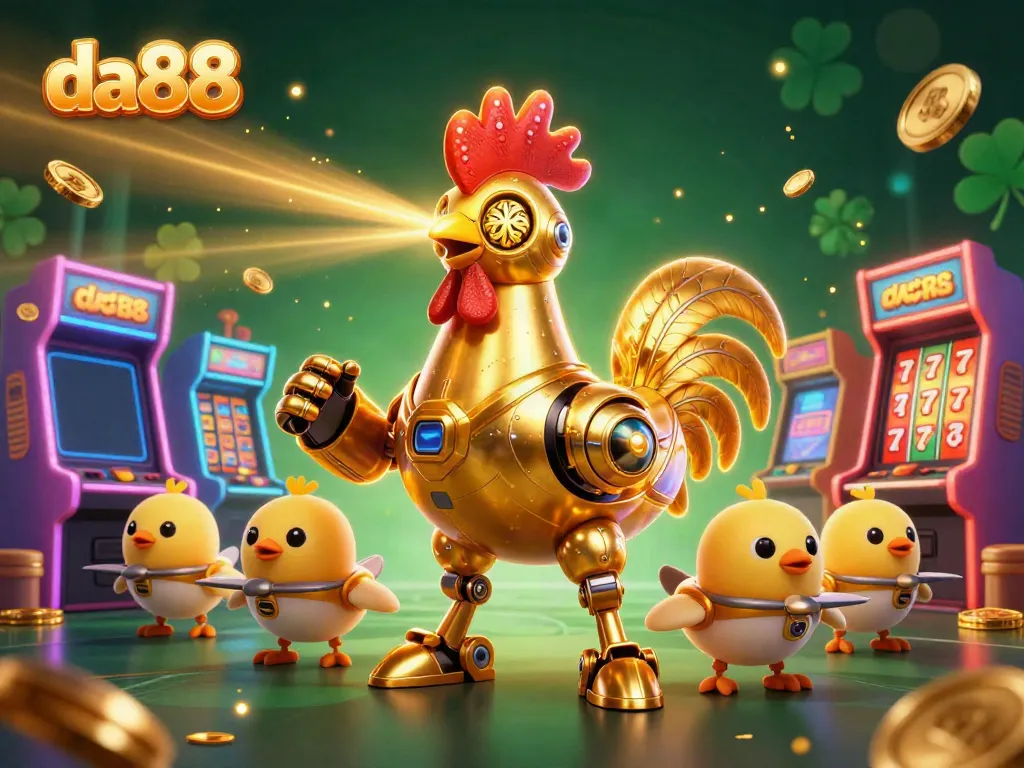 Engage with da88 at this vibrant casino scene featuring a golden rooster robot and animated game elements.