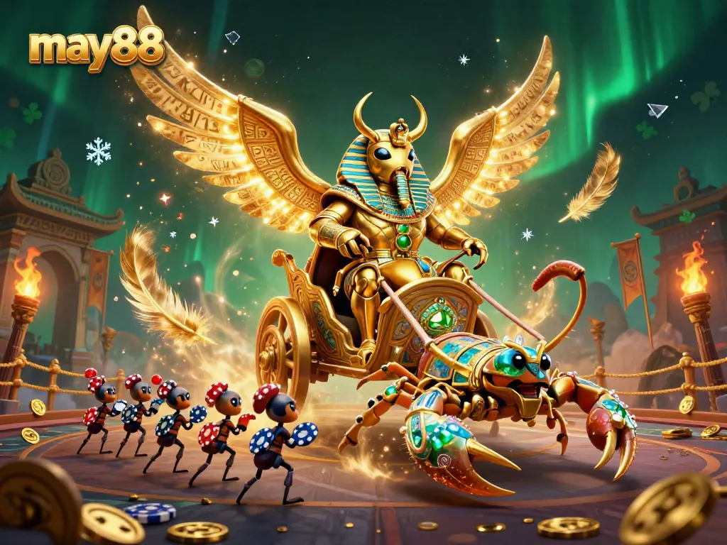 Immerse in may88's thrilling casino experience with lively scorpions and a scarab beetle.
