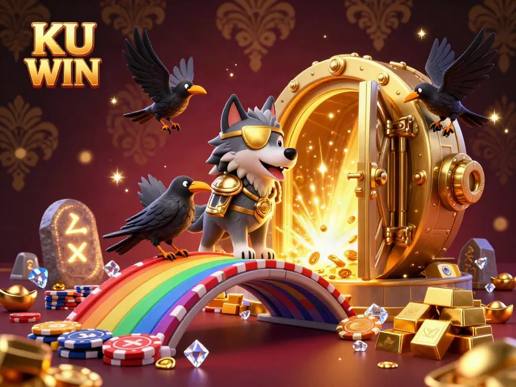 Experience the excitement at KU WIN, featuring Odin and ravens amidst a vibrant casino chaos.