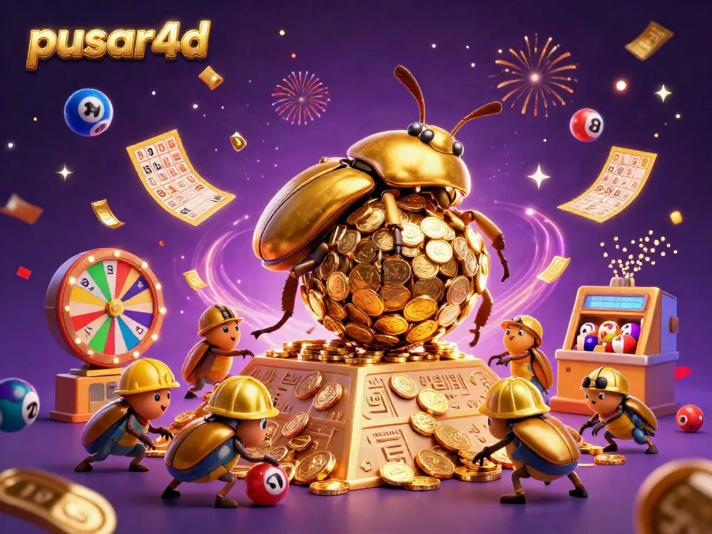 Experience the excitement of pusar4d with colorful lottery elements and vibrant casino symbols swirling around a golden dung beetle.