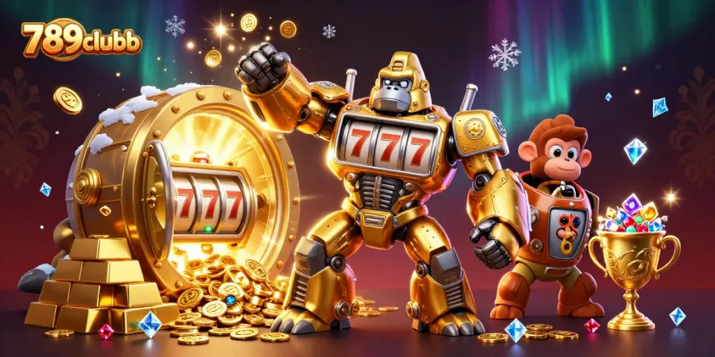 Engage with 789clubb's vibrant casino action featuring a golden gorilla mech and treasure explosion.