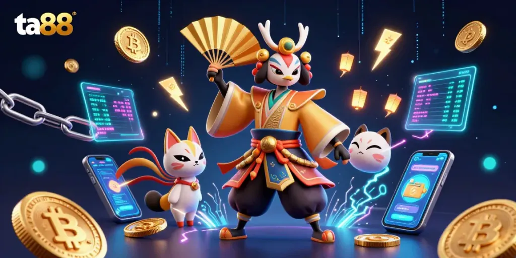 Engage with ta88 through vibrant casino-themed digital art featuring a kabuki crane warrior and crypto elements.