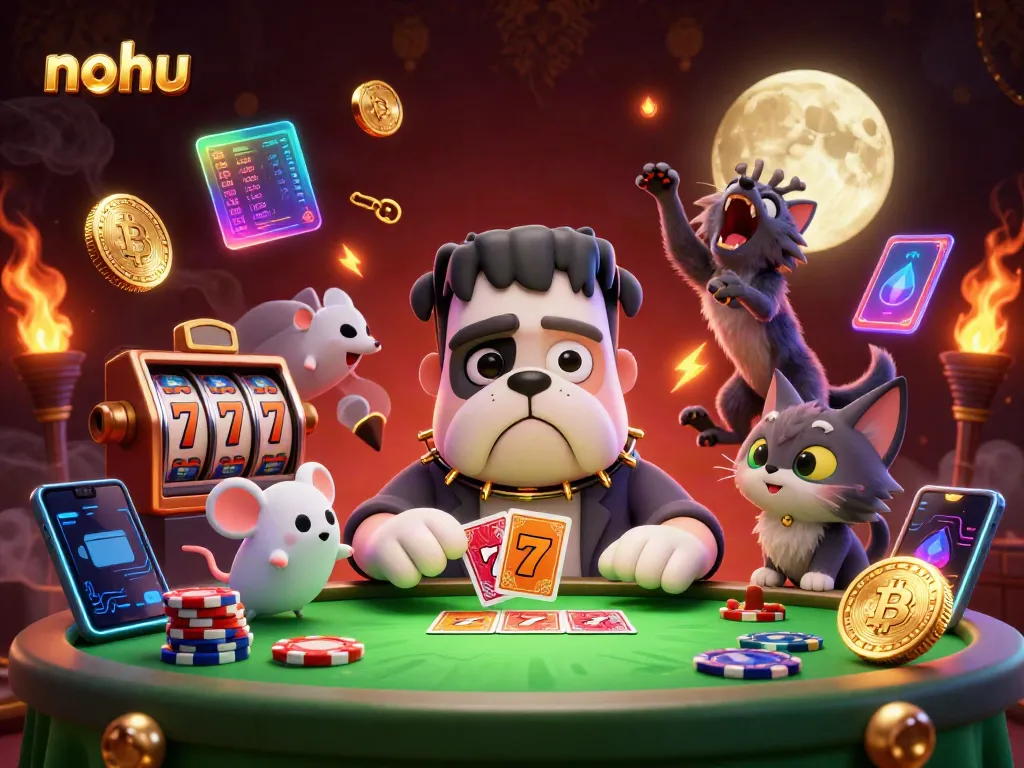 Engaging nohu gaming scene with a bulldog dealer, ghost mouse, and gold moon in a vibrant casino