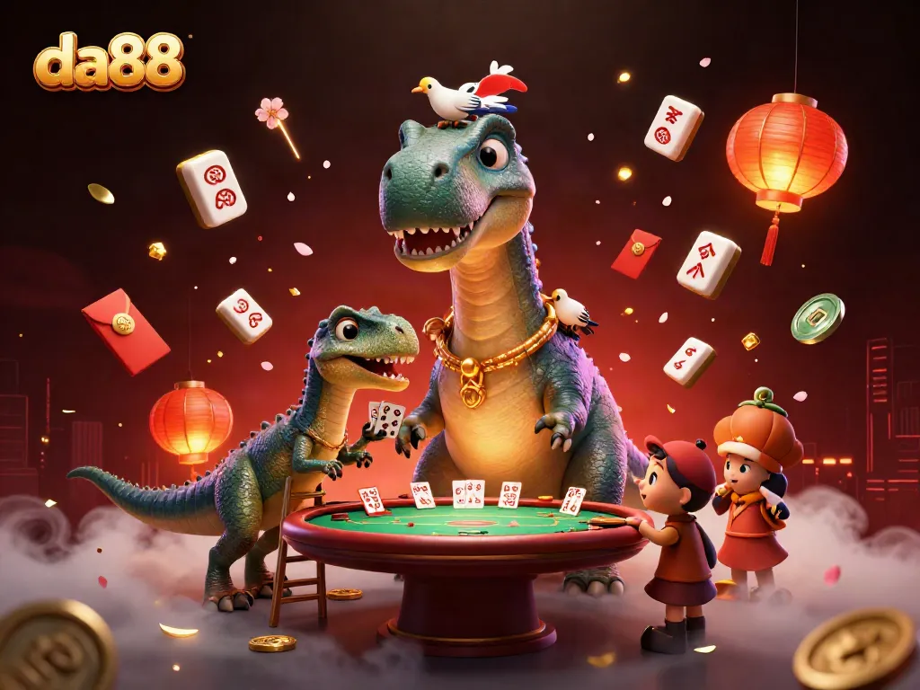 Experience thrilling gaming at da88 with a whimsical brontosaurus and raptor dealer in a vibrant casino.