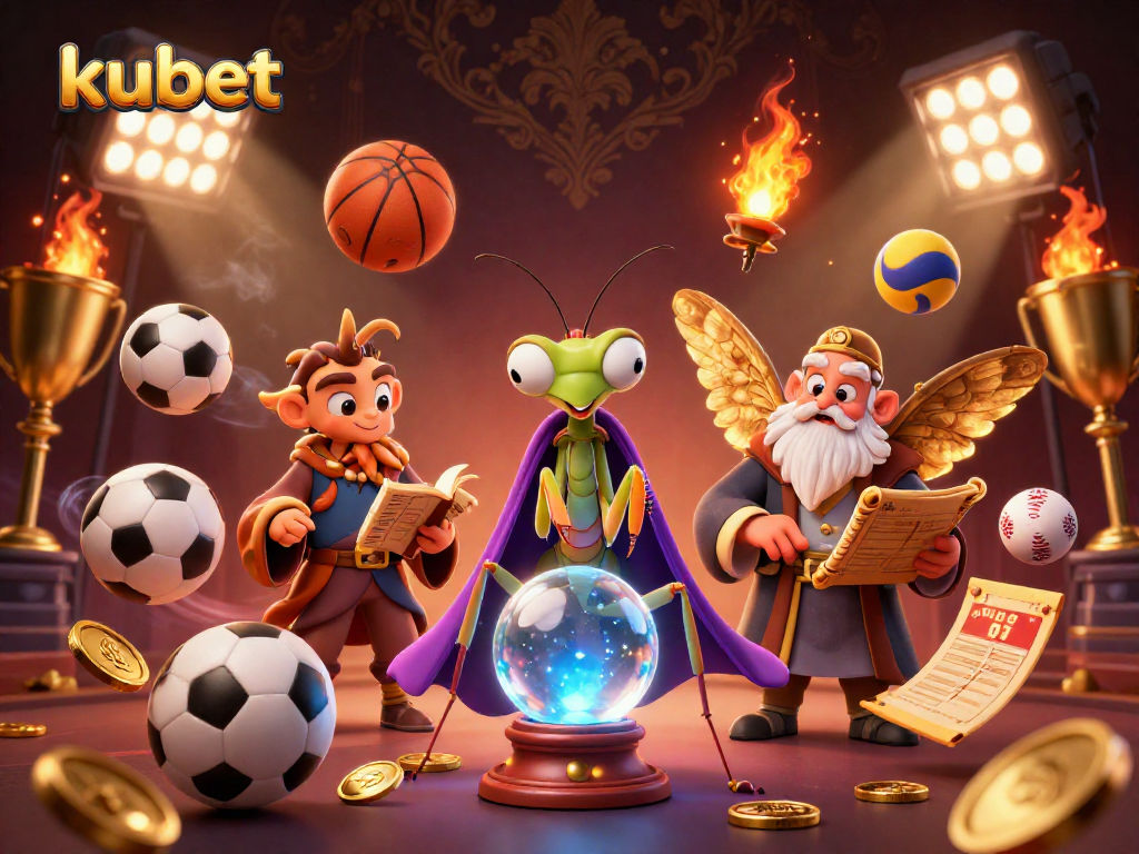 Kubet invites sports betting excitement with a mystical fortune teller and a wise moth librarian.