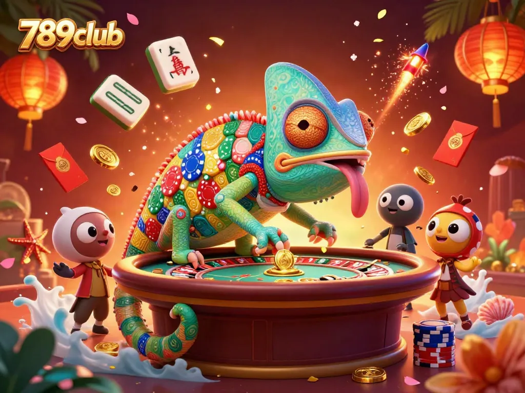 Experience vibrant gaming with 789club in this lively 3D casino illustration featuring animated chameleons and festive elements.