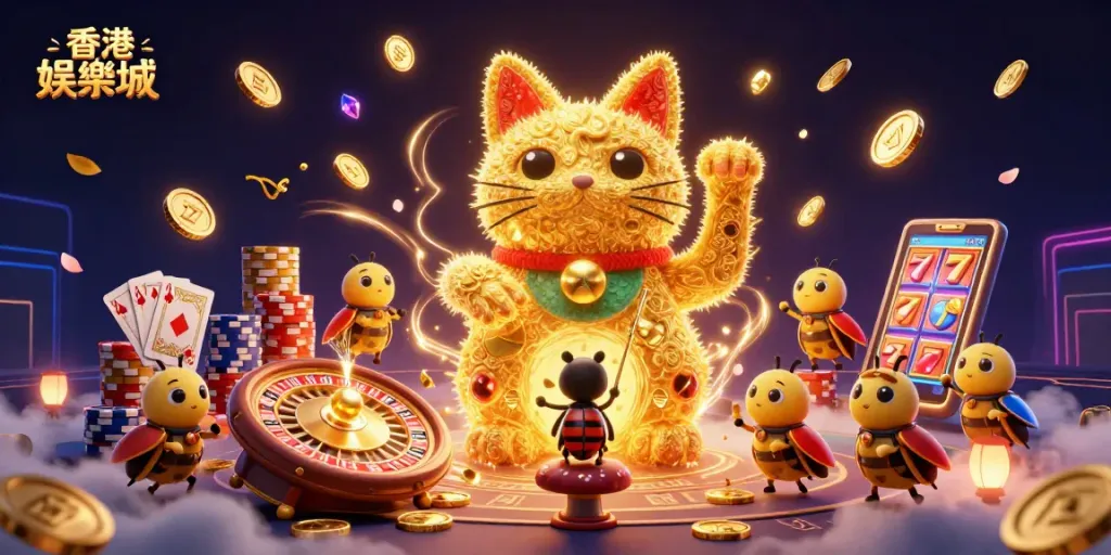 Experience 香港娛樂城 with a vibrant 3D illustration of a lucky cat and dynamic casino symbols.