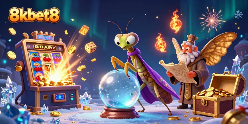 Engage with 8xbet8's thrilling slot experience with characters and casino elements in a vibrant 3D illustration.