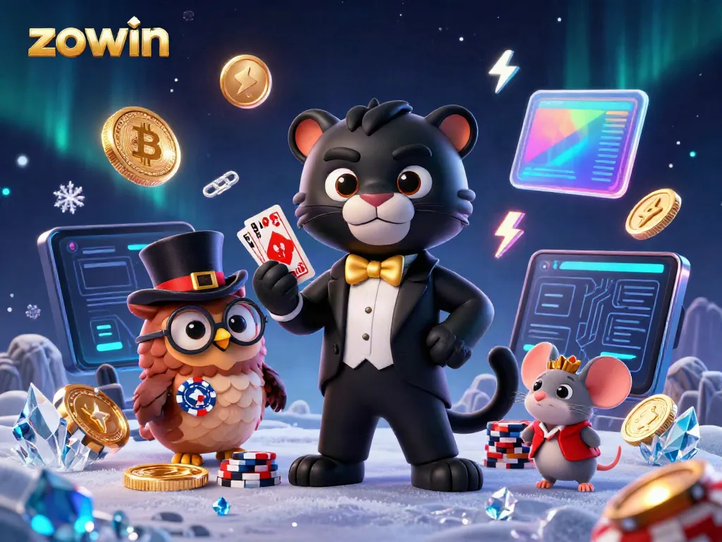 Experience the excitement of zowin with an enchanting 3D casino scene showcasing card games and crypto elements.