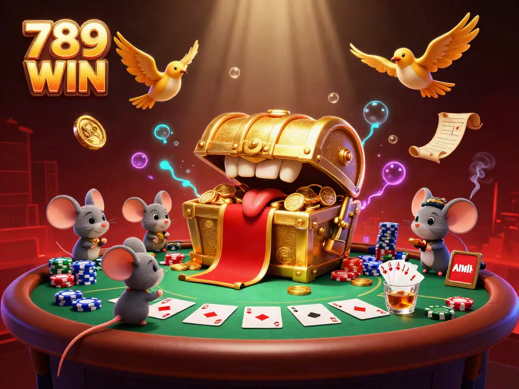 Engaging scene of adventurer mice drawn to 789 WIN, with gold coins and poker elements.