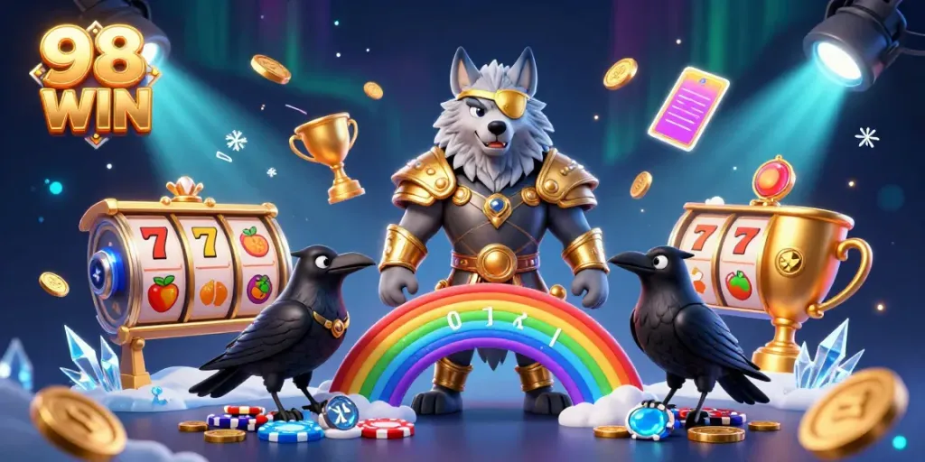 Experience the vibrant 98 WIN gaming atmosphere featuring Odin and his ravens amid golden casino chips and slot elements.
