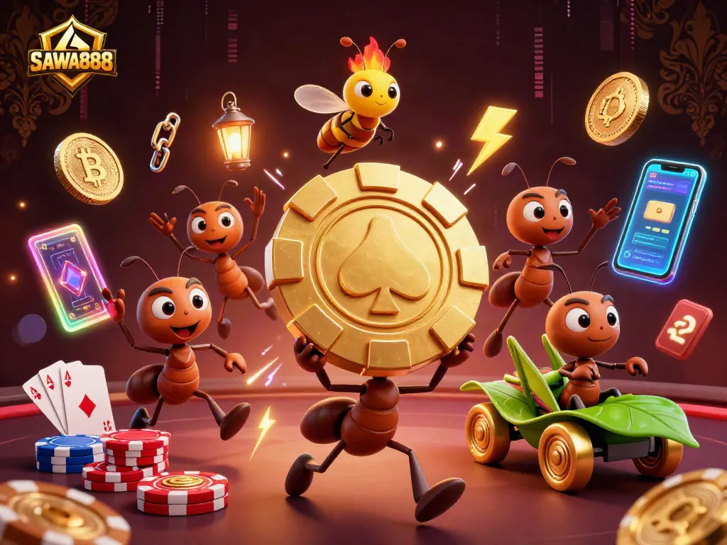 SAWA888 team of ants pulling a giant poker chip amidst a vibrant casino heist scene.