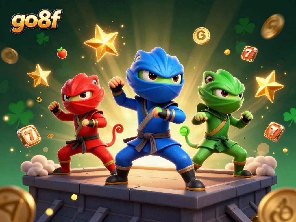 go8f Ninja chameleons showcase dynamic casino gameplay with slot reels and gold coins.