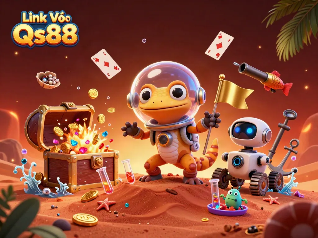 Engage with Link Vào Qs88 in this vivid 3D casino scene depicting a Martian gecko and treasures.