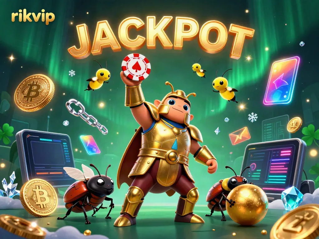 Win big with rikvip as a hercules beetle lifts a poker chip in celebration amidst a vibrant casino scene.