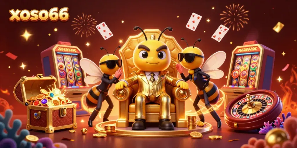 Bet big with xoso66 in this vibrant 3D casino scene featuring dynamic game elements and lively characters.