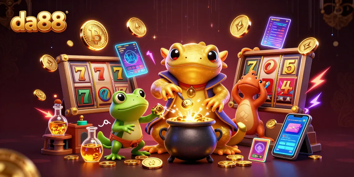 Spin to win with da88: 3D magical casino scene featuring gold coins and vibrant slot elements.