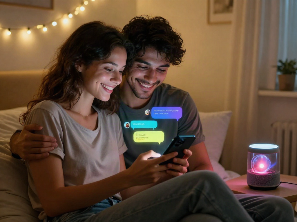 Engaging in AI sexting through playful messages in a cozy bedroom.
