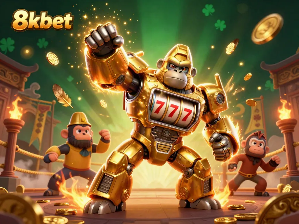 Experience the thrill of winning with 8xbet's explosive gaming action featuring a golden gorilla mech and vibrant casino elements.