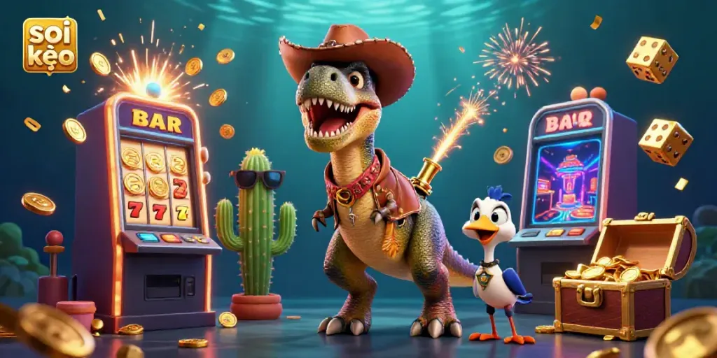 Engaging scene with the "soi kèo" theme featuring a cowboy dinosaur at a slot machine for a dynamic casino experience.